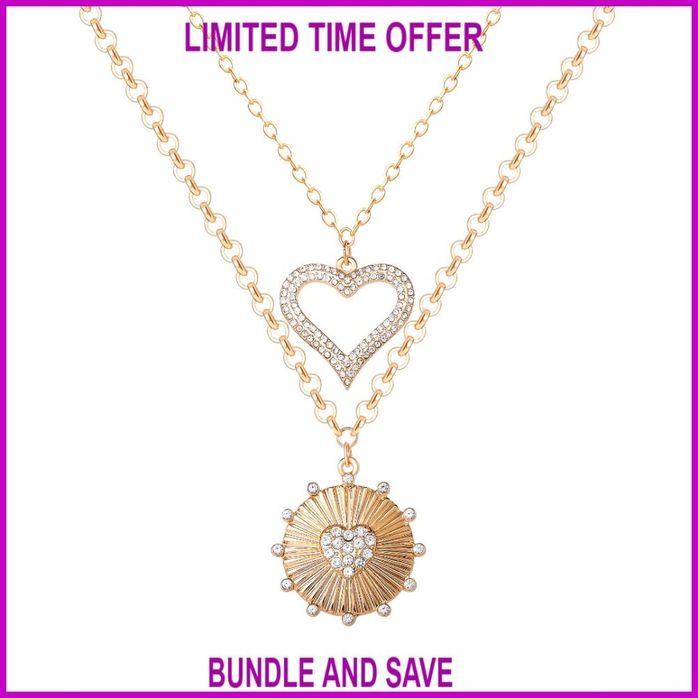Gold-Tone Layered Necklace Set With Heart Pendants And Crystals